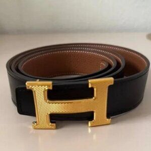 Men’s Hermes Reversible Leather Belt with Gold Plated Logo Buckle